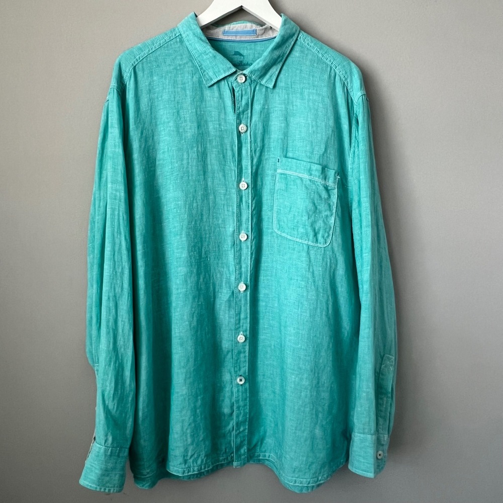 Tommy Bahama Mens Aqua Blue Linen Button Down Long Sleeve XXL Resort Beach